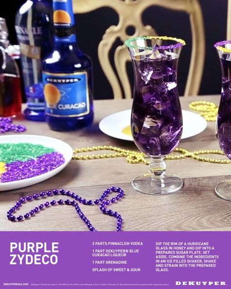 Happy Fat Tuesday! Here's a festive new Mardi Gras cocktail to celebrate. Combine 2 parts Pinnacle Vodka, 1 part DeKuyper Blue Curacao and 1 part Grenadine with a splash of sweet and sour. Fat Tuesday Cocktails, Mardi Gras Foods, Fat Tuesday Drinks, Purple Lemonade Recipe, Mardi Gras Brunch, Happy Fat Tuesday, Mardi Gras Party Food, Purple Lemonade, Mardi Gras Cocktails