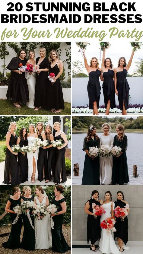 Black Bridesmaid Dresses Black And White Themed Wedding Bridesmaid Dresses, Wedding Colors With Black Bridesmaid Dresses, Mixed Fabric Black Bridesmaid Dresses, Flowers For Black Bridesmaid Dresses, Black Wedding Dress Bridal Party, Black Chiffon Bridesmaid Dress, Black Bridesmaid Dresses Flowers, Black Bridesmaid Dresses Wedding Party, Black Mismatched Bridesmaid Dresses