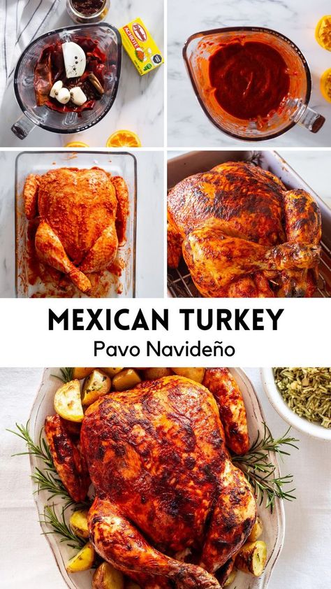 A collage with 5 photos of the preparation of Mexican turkey Pavo Navideño. Mexican Style Turkey Recipes, Alton Brown Turkey Recipe, Al Pastor Turkey Recipe, Xmas Turkey Recipes, Turkey Christmas Recipes, Spicy Thanksgiving Turkey, Unique Thanksgiving Turkey Recipes, Herbed Turkey Thanksgiving, Adobo Turkey Recipe