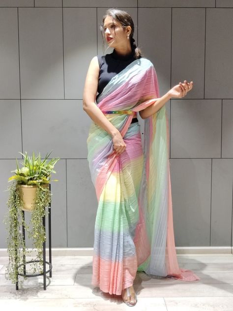 Multi Colour Saree, Belt Saree, Saree Belt, Silk Half Saree, Saree Chiffon, Modeling Shoot, Diamond Belt, Saree Styling, Bollywood Designer Sarees