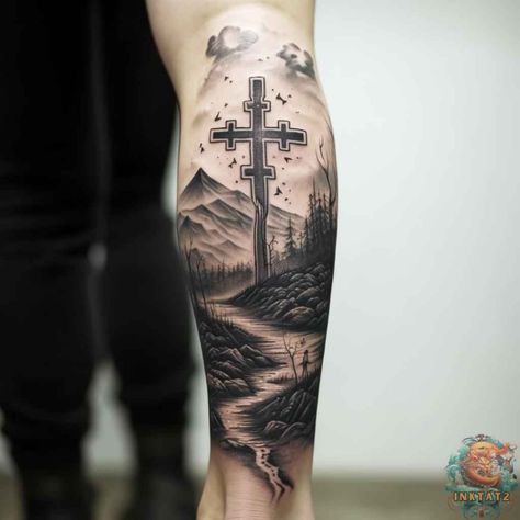 Calvary Hill Tattoo, Long Road Tattoo, Cross With Mountains Tattoo, Cross Mountain Tattoo, Cross And Mountain Tattoo, Even Though I Walk Through The Valley Tattoo, Three Crosses On A Hill, Three Crosses Tattoo, Hill Tattoo