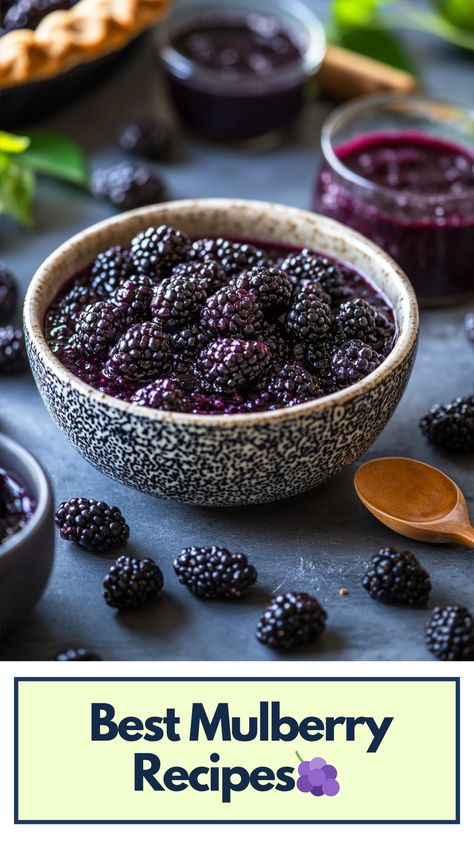 A bowl of fresh mulberries surrounded by various mulberry dishes, including pies, jams, and smoothies. Mulberry Smoothie Recipe, Mullbery Recipe, Mulberry Jam, Mulberry Recipes, Savory Dishes, Recipes To Make, Culinary Skills, Smoothie Recipe, Savoury Dishes