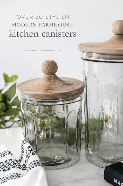 A collection of over 20 stylish kitchen canisters for your modern farmhouse or industrial kitchen that you'll love seeing on the counter. #kitchencanisters #modernfarmhouse #farmhousekitchen #glasscanisters #andersonandgrant Oil Canister Kitchen, Modern Farmhouse Kitchen Canisters, Farmhouse Kitchen Countertop Decor Ideas, White Kitchen Canisters On Counter, Farmhouse Counter Decor, Flour Jars On Counter, Flour Canister Ideas, Kitchen Cannister Ideas, Canisters For Kitchen Display