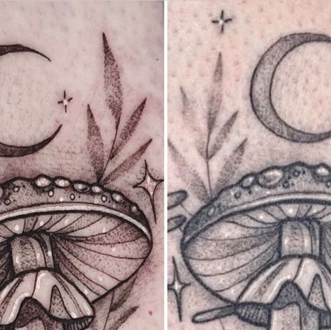 Fresh Vs Healed Tattoo, Mushroom Tattoo Ideas, Amazing Tattoo Ideas, Healed Tattoo, Mushroom Tattoo, Mushroom Tattoos, Healing Tattoo, Delicate Tattoo, Cool Tattoos