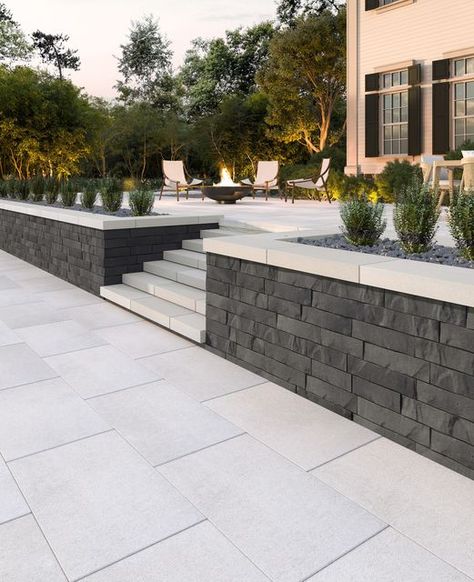 Front Garden Steps Ideas, Modern Interlocking Design, Patio Stone Steps, Raised Patio Design, High Patio With Steps Down To Garden, Retaing Walls Landscape Ideas, Raised Patio With Steps Down To Garden, Garden Patio Steps, Garden Step Ideas