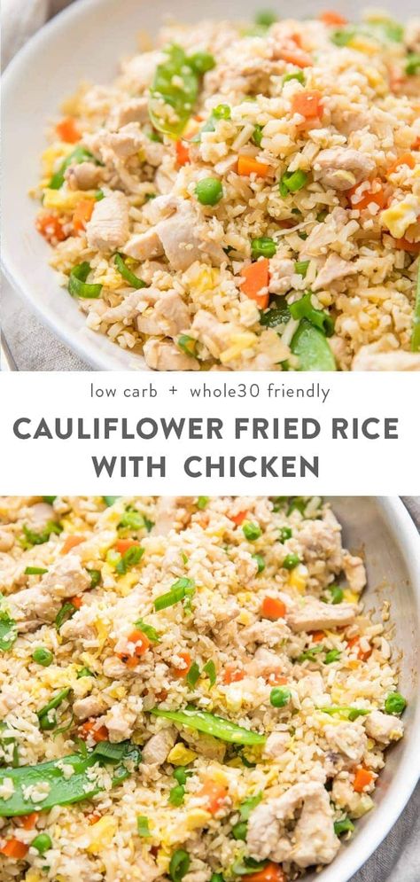 Chicken Fried Cauliflower Rice, One Pan Dinner Recipes, Cauliflower Chicken, Cauliflower Fried Rice Recipes, Low Carb Healthy, Rice With Chicken, Cauliflower Fried, Arroz Frito, One Pan Dinner