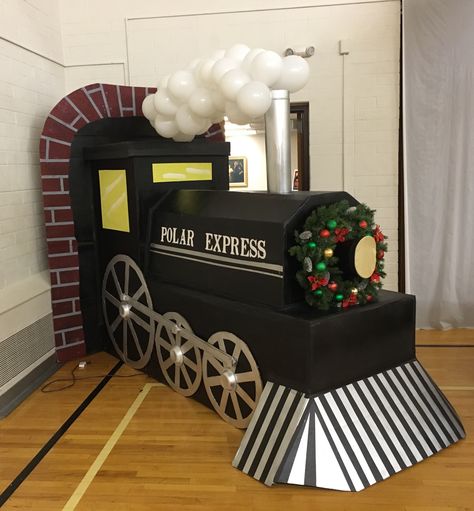 How To Build A Train Out Of Cardboard, Polar Express Balloon Garland, Polar Express Balloons, Polar Express North Pole Decorations, Polar Express Yard Decorations, Polar Express Cardboard Train Boxes, Polar Express Cardboard Train, Train Christmas Decorations, Polar Express Photo Backdrop