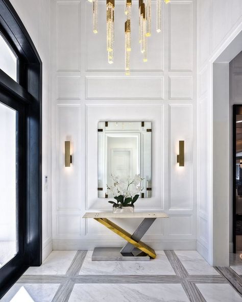 foyer • Instagram Grand Entryway Foyers, Sleek Console Table, Sleek Console, Marble Foyer, Cozy Condo, Grand House, Scott Hall, Statement Mirror, Grand Entryway