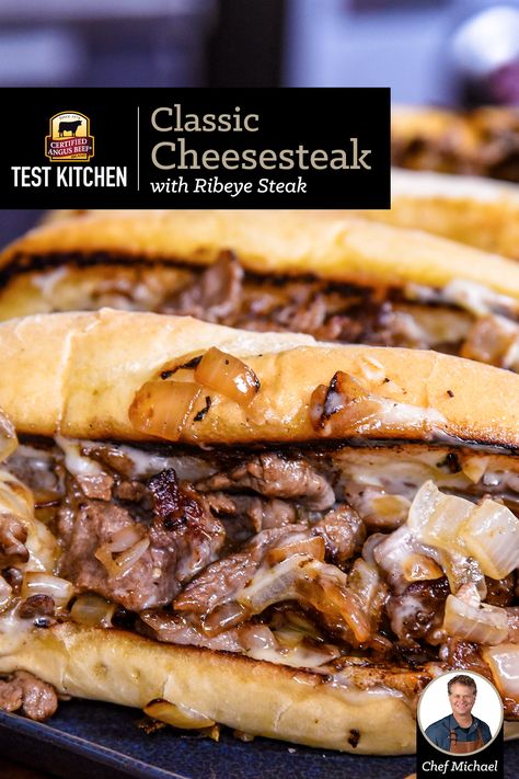 Philly Cheese Steaks done right! You can make an authentic cheese steak sandwich at home and it's oh, so amazing. Begin with a ribeye steak and follow these steps to make perfect Classic Philly Cheese Steaks. Traditional Philly Cheese Steak, Rib Eye Steak Sandwich Recipes, Recipes Using Ribeye Steak, Philly Cheese Steak Stromboli, Shaved Ribeye Sandwich, Philly Cheese Steak Cheese Sauce, Philly Cheese Steak Marinade, Boneless Ribeye Steak Recipes, Shaved Ribeye Steak Recipes