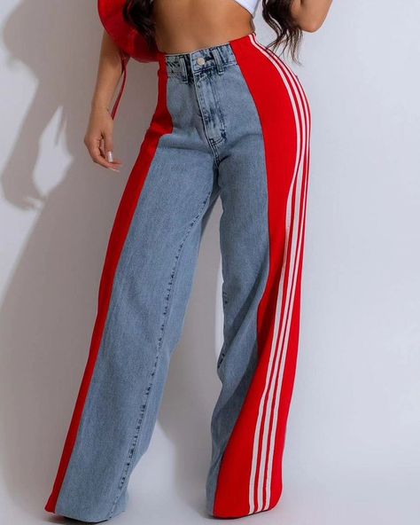 Fashion Stitching Wide Leg Denim Pants #woman #switzerland #shopping #germany🇩🇪 #bag #poland #polishgirl #sportmotivation #italy #streetstyle Side Stripe Jeans, Jeans Decoration, Black Jumpsuit Dress, Fashion Patchwork, Fashion Packaging, Stylish Jeans, Striped Jeans, Denim Material, Crop Top Sweater