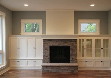 Fireplace With Built Ins On Both Sides Craftsman Style, Cottage Mantle, Fireplace Bookshelf, Built In Around Fireplace, Fireplace Windows, Fireplace Bookshelves, Built In Shelves Living Room, Living Room Built Ins, Fireplace Built Ins