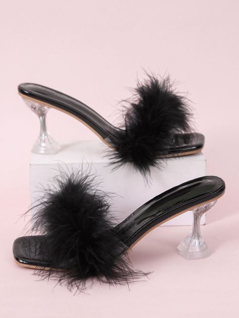 Black Glamorous    Plain Mules Embellished   Women Shoes Black Fluffy Heels, Rpg Clothes, Fluffy Heels, Mules Women, Fluffy Shoes, Y2k Shoes, Glamorous Party, Heeled Mules Sandals, Party Heels