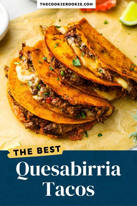 Quesabirria Tacos Recipe, Barrio Tacos, Tiger Table, Quesabirria Tacos, Mexikansk Mat, Grilled Taco, The Cookie Rookie, Cookie Rookie, Shredded Beef