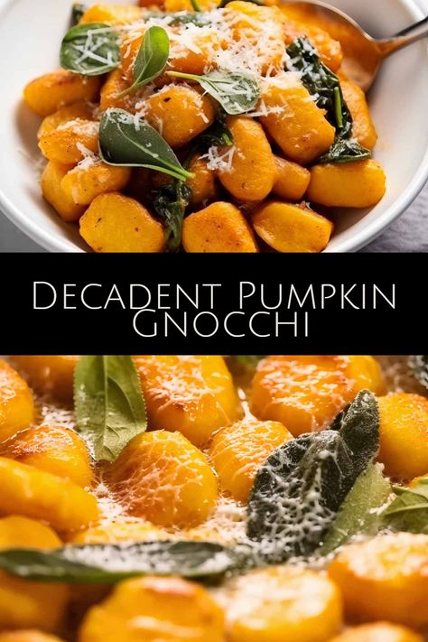 Unveil autumn's true culinary delight with this Decadent Pumpkin Gnocchi! Infused with rich pumpkin flavor, soft pillows of gnocchi that melt in your mouth, seasoned perfectly to enhance the cozy, fall vibes. This heavenly dish is not just food, it's an experience. Perfect for impressing guests or treating yourself on chilly evenings. A recipe truly to die for! Pumpkin Gnocchi Homemade, Pumpkin Potato Gnocchi, Gnocchi Pumpkin Recipes, Pumpkin Gnocchi Recipes Trader Joes, Pumpkin Gnocchi Sauce Recipes, Winter Gnocchi Recipe, Pumpkin Gnocchi Trader Joes, How To Make Gnocchi Recipes, Autumn Gnocchi