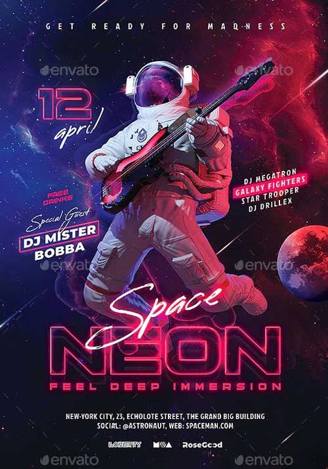 Space Flyer Design, Neon Poster Ideas, Neon Party Design, Neon Space Party, Neon Poster Design Graphics, Neon Light Graphic Design, Space Graphic Design Poster, Party Posters Design, Neon Design Poster