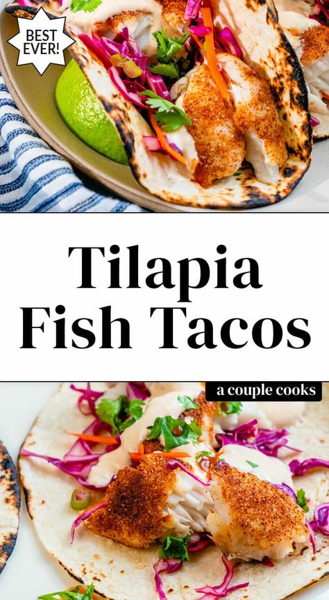 These tilapia fish tacos are a flavor-filled fast and easy dinner. Bake or broil the fish, then add sauce and slaw. A total crowd pleaser! #tilapia #fishtacos #fish #tacos #tilapiatacos #easytacos Fish Taco Dressing Recipe, Fish Taco Dressing, Taco Dressing Recipe, Taco Dressing, Trout Fillet Recipes, Tilapia Fish Tacos, Baked Fish Tacos, Fish Tacos Tilapia, Slaw For Fish Tacos