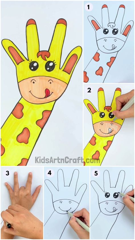 Easy Paper Drawings, Creative Things To Do With Kids, Giraffe Art For Kids, Cartoon Crafts For Kids, Animal Projects For Kids, Drawing For Preschoolers, Drawing For Kids Easy Children, Handprint Drawing, Giraffe Drawing Easy