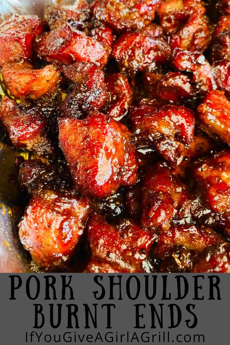 burnt ends with bbq sauce Smoked Pork Burnt Ends, Smoked Pork Shoulder Burnt Ends, Pork Shoulder Burnt Ends Smoker, Smoked Pork Bites, Smoked Pork Shoulder Marinade, Smoker Pork Shoulder Recipes, Pork Shoulder Bites, Burnt Pork Ends, Pork Burnt Ends Smoker