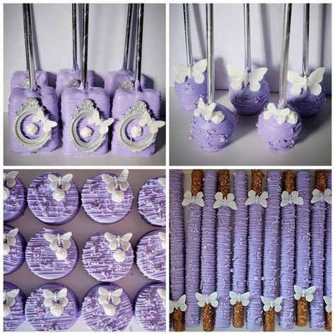 Purple And Silver Cake Pops, Purple Butterfly Sweet 16 Cake, Lavender And Silver Sweet 16 Decorations, Purple Desert Table Ideas, Butterfly Candy Table Ideas, Flower Rice Krispie Treats, Quince Treat Table Ideas, Quinceanera Ideas Themes Butterflies, Purple Treats Desserts