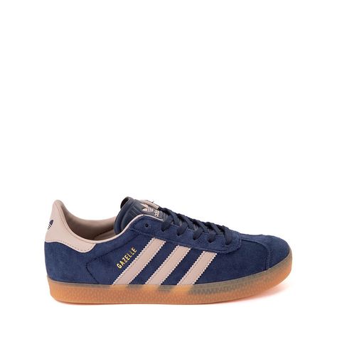 adidas Gazelle Athletic Shoe - Big Kid - Navy / Taupe | Journeys Gazelle Adidas Women, Navy Gazelle Adidas Outfit, Blue Gazelle Adidas Outfit, Navy Gazelle, Adidas Gazelle Navy, Gazelles Adidas, Blue Adidas Gazelle, Addias Shoes, Adidas Gazelle Blue