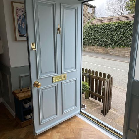 Front Door Ideas Blue, Parma Gray Kitchen, Farrow And Ball Door Exterior Paint, Grey Blue Door, Blue Grey Hallway Ideas, Pastel Blue Front Door, Farrow Ball Parma Grey, Farrow And Ball Parma Grey Bedroom, Front Door Colors Farrow And Ball