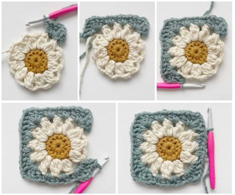 Cozy Days Daisy Blanket - All About Ami Ditsy Daisy Granny Square, Granny Square Projects Blankets, Flower Knit Blanket, Lazy Daisy Crochet Pattern, Cozy Days Daisy Blanket, Things To Make With Single Crochet, Crochet Diagram Granny Squares, Chunky Daisy Crochet, Large Daisy Granny Square