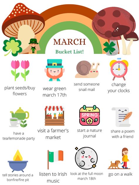 March Bucket List 2024, March Holidays 2024, Spring Bucket List For Kids, Easter Bucket List, March Homeschool Ideas, Spring Bucket List For Adults, March To Do List, March Aesthetic Month, March List