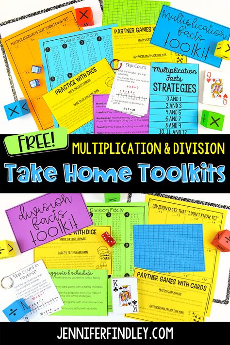 Multiplication and Division Practice | Free Math Facts Take Home Kits - Teaching with Jennifer Findley Multiplication And Division Practice, Jennifer Findley, Division Practice, Teaching Multiplication, Division Facts, Math Division, Elementary Learning, Home Kits, Upper Elementary Math