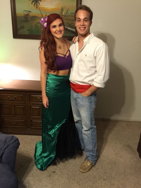 Ariel and Prince Eric Costume Arial And Eric Costume, Diy Prince Eric Costume, Couples Costumes 80s, Little Mermaid And Prince Eric Costume, Ariel And Eric Costume Couple, Little Mermaid Couple Costume, Ariel And Prince Eric Costume, Ariel And Eric Costume, Halloween Costumes Ariel