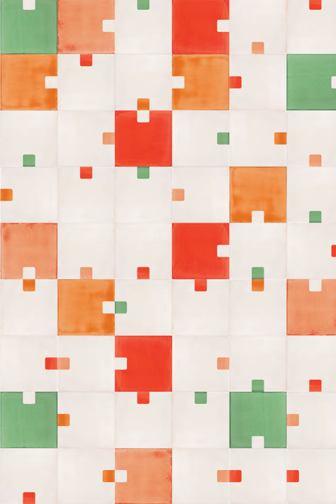 Screen-printed tile design in red, orange and green Orange And Green Tiles, Eclectic Flooring, Tiled Feature Wall, Colour Moodboard, Ceramic Tile Colors, Orange Bathrooms, Tiles Floor, Red Tiles, Mood Colors