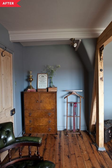 After: blue bedroom with natural wood floors and beam Natural Wood Floors, Peeling Wallpaper, Natural Wood Flooring, Bedroom Redo, Apartment Makeover, Blue Floor, Paint Color Schemes, Bedroom Bliss, Bedroom Renovation