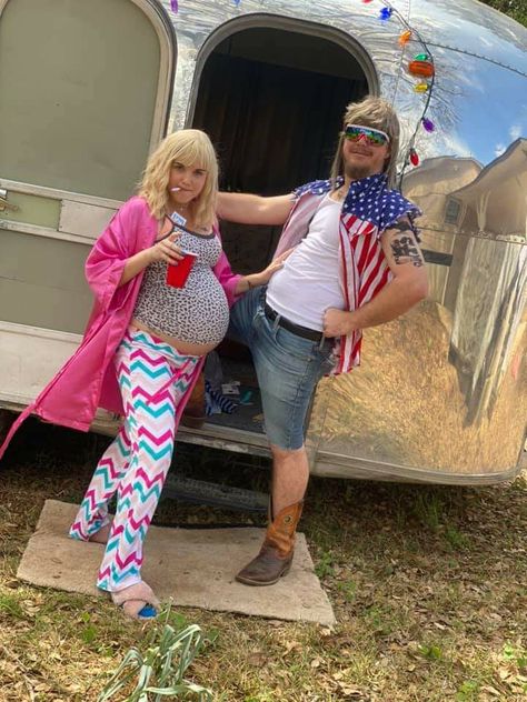 White Trash Pregnant Costume, White Trash Bash Costumes, White Trash Makeup Ideas, White Trash Christmas Party Outfit, Trash Bash Outfit, White Trash Outfit Party Women, American Themed Party Outfit, Red Neck Party Ideas Costume, White Trash Bash Outfit Women