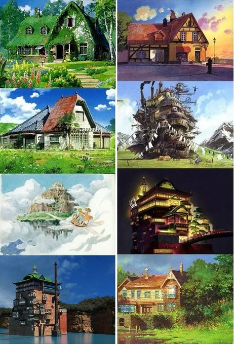 Ghibli Neighborhood, Studio Ghibli Village, Studio Ghibli Inspired House, Studio Ghibli Home Aesthetic, Ghibli House Aesthetic, Studio Ghibli Buildings, Ghibli Inspired House, Studio Ghibli Houses, Studio Ghibli Minecraft Builds