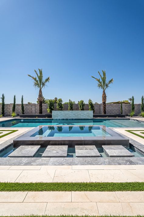 Pool Envy! 💚 The Patel Residence is one of our favorite projects to date...inside and out! What do you think of this gorgeous pool? Swimming Pools Kendrick Lamar, Kendrick Lamar Swimming Pools, Types Of Pools, Desert Pool, Small Pools Backyard, Desert Backyard, Pool Plumbing, Pool Play, Modern Pool