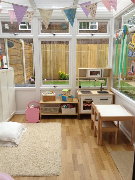 Conservatory converted into a playroom Sunroom Playroom Ideas, Conservatory Playroom, Sunroom Playroom, Childminding Ideas, Small Conservatory, Conservatory Ideas, Small Sunroom, Small Playroom, Sunroom Decorating