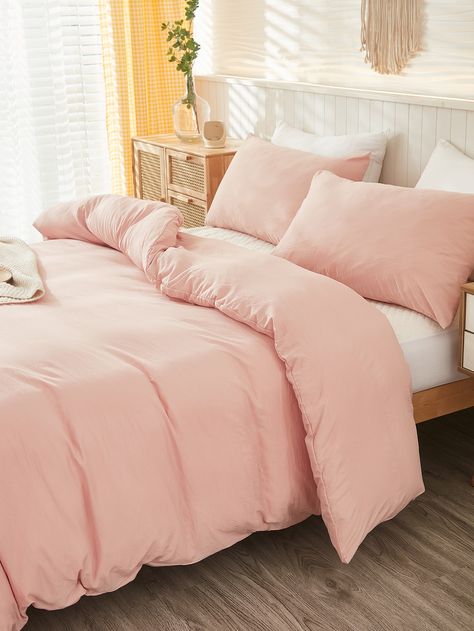 Pink Simple Collar   Plain  Embellished   Home Textile Pink Twin Bedding, Baby Pink Sheets, Light Pink Bed Set, Pillow Sets For Bed, Soft Pink Bedding, Pink And White Bed Sheets, Simple Bed Spreads, Pink Sheets Bedding, Shein Bedding