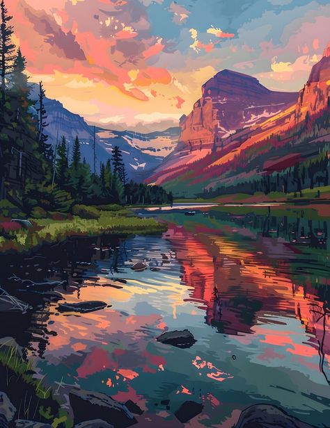 Glacier National Park, Hidden Lake, Logan Montana Giclée Art Print 8.5X11 Glacier National Park Poster, Sunset Over Lake Painting, Lake Digital Art, Fantasy Lake, Lake Drawing, Windows View, Montana Landscape, Hidden Lake, Colorful Landscape Paintings