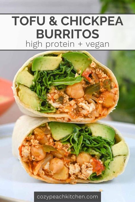 This high-protein vegan tofu burrito features seasoned and simmered tofu with chickpeas. The tofu filling and burritos are versatile and make great freezer burritos! Tofu Burrito, Seasoned Tofu, Vegan Protein Options, Freezer Burritos, Vegan Burritos, Burrito Recipes, Vegetarian Taco, Vegan Casserole, Vegan Burrito