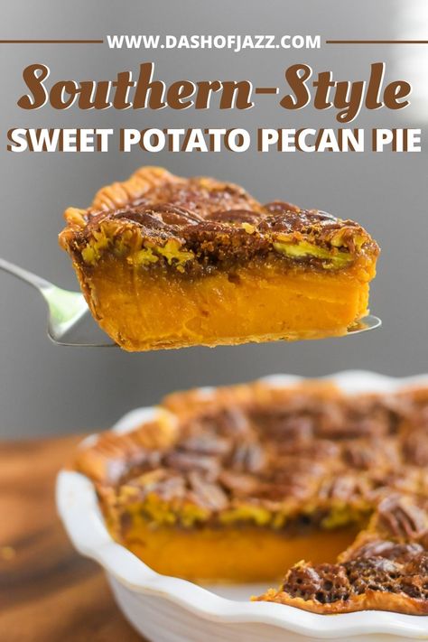 Two classic southern Thanksgiving dessert recipes meet in one perfect pie with distinct bourbon sweet potato and pecan layers. Wondering how to make pecan pie? Here's the best recipe. You'll also get a southern sweet potato pie recipe and learn how to make the perfect Thanksgiving pie with both from Dash of Jazz #dashofjazzblog #pecanpierecipesouthern #pecanpierecipeeasycornsyrup #sweetpotatopierecipessouthern #sweetpotatopecanpierecipesouthern Sweet Potato Pecan Pie, Bourbon Sweet Potatoes, Sweet Potato Dessert, Apple Pie Bread, Sweet Potato Pie Southern, Mexican Desserts, Sweet Potato Pecan, Southern Thanksgiving, Sweet Potato Pies Recipes