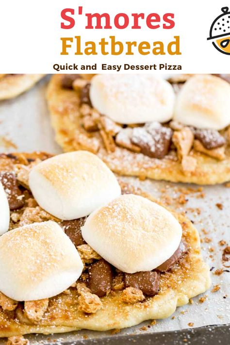 S'mores Flatbread slathered with cinnamon-sugar flavored butter and topped with crumbled graham crackers, ooey gooey chocolate and marshmallows. This s'mores recipe doesn't require a campfire so you can make them all year round! #recipe #baked #easy #dessert #flatbread Dessert Flatbread Recipes, Dessert Flatbread, Flatbread Dessert, Easy Dessert Pizza, Griddle Cooking Recipes, Dessert Pizza Recipes, Pizza Easy, Cheesecake Oreo, Peanut Butter Nutella