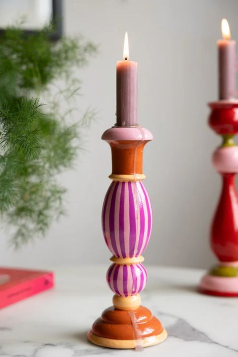 Colourful Candlestick Holder in Pink Stripes | Rockett St George Cool Candle Holders, Painting Of Candle, Painted Wooden Candle Holders, Pink Objects, Diy Candle Stick Holder, Painted Candle Holders, Ceramics Christmas, Wooden Candlestick Holders, Striped Candles