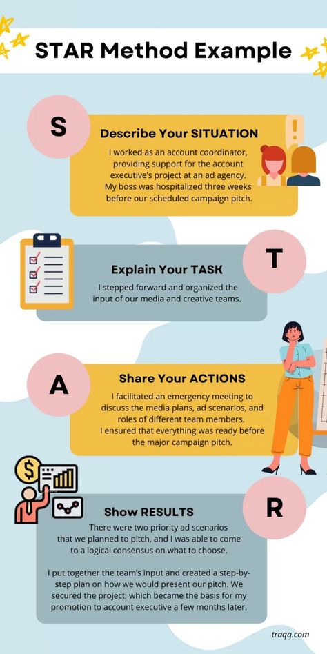 STAR method for answering interview questions for attention to detail skills - infographic by Traqq time tracker Star Method Interview Examples, Interview Star Method, Star Method Examples, Competency Interview Questions, Behavioural Questions Interview, Star Interview Method, Star Method Interview Tips, Star Interview Questions And Answers, Star Interview Questions