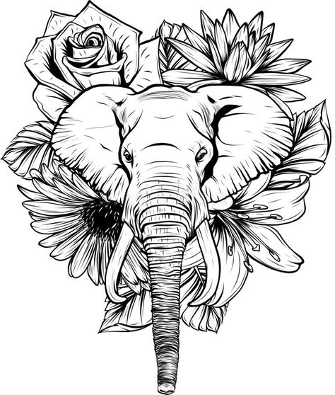 Elephant Head With Flowers Tattoo, Flower Elephant Tattoo, Cute Drawings In Black And White, Elephants And Flowers, Elephant Head Illustration, Black And White Elephant Tattoo, Animal Tattoos Black And White, Elephant Drawing With Flowers, Elephant Flower Tattoo Design