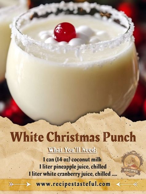 White Christmas Punch Nonalcoholic, White Christmas Punch, Tasteful Recipes, Xmas Drinks, Sweet Tea Recipes, White Cranberry Juice, Cocktail Drinks Alcoholic, Holiday Punch, Yummy Alcoholic Drinks