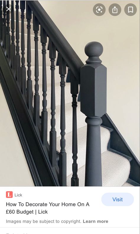 Bannister Ideas Painted, Black Banister, Stairs Runners, Painted Stair Railings, Stairs And Hallway Ideas, Black Staircase, Stair Renovation, Stairs Renovation, Black Stairs