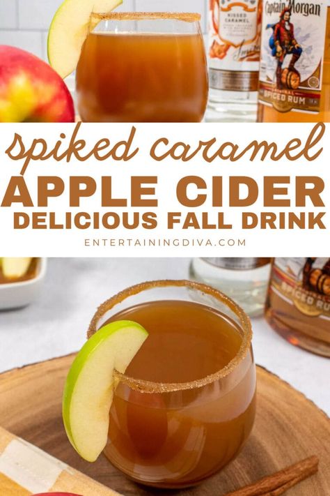 Apple Cider Beverages Drink Recipes, Cider With Alcohol, Best Spiked Apple Cider Recipe, Caramel Apple Cider Drink, Booze Apple Cider, Spiked Apple Cider Whiskey, Fall Drinks With Spiced Rum, Fall Spiked Apple Cider, Apple Cider And Spiced Rum