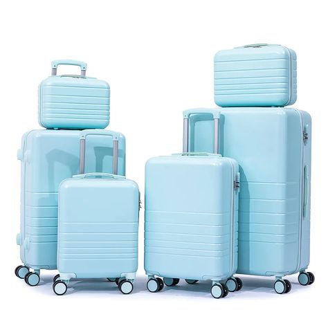 5 Piece Luggage Set, Trolley Bags Aesthetic, Luggage Sets Cute Travel Bags, Trolley Bags Travel Women, Blue Travel Bag, Traveling Bags For Women, Cute Luggage For Women, Suit Cases Travel, Preppy Travel Bags