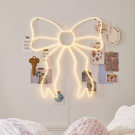 love-shack-fancy-bow-neon-wall-sign Loveshackfancy Home, Bedroom Ideas For Small Rooms For Teens, Coquette Bedroom, Denim Pillow, Preppy Bedroom, Dorm Room Inspo, College Apartment Decor, Dorm Room Inspiration, Dorm Inspo