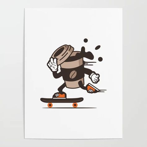 Skater Poster, 1930s Cartoons, Poster Coffee, Coffee Tattoos, Art Poster Prints, Coffee Cup Gifts, Buy Coffee, Wall Posters, Marketing Ideas