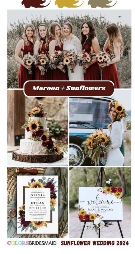 Sunflower Wedding Colors, Maroon Sunflower, Fall Sunflower Weddings, Orchid Bridesmaid Dresses, Royal Blue Wedding Theme, Maroon Bridesmaid, Yellow Wedding Colors, Sunflower Wedding Cake, Maroon Bridesmaid Dresses